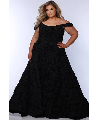 Sydney's Closet Women's Off The Shoulder Rosette A-Line Evening Gown