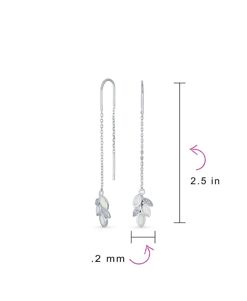 Bling Jewelry Leaf Feather White Iridescent Created Opal Inlay Long Chain Dangle Threader Earrings Sterling Silver