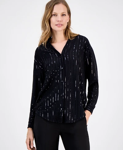 Anne Klein Women's Metallic-Stripe Split-Neck Blouse