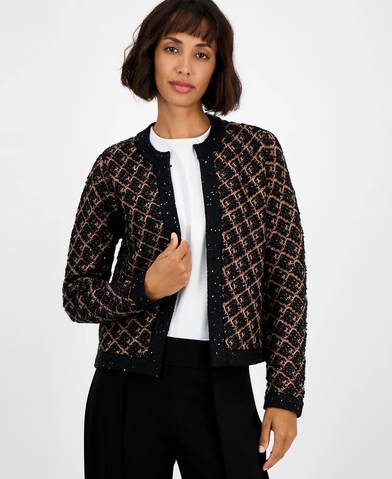 Anne Klein Women's Diagonal Check Kissing-Front Cardigan