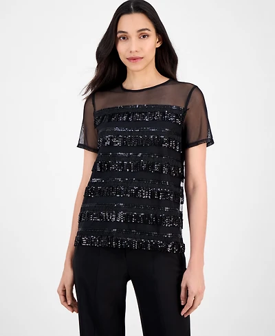 Anne Klein Women's Crewneck Sequin-Fringe-Trim Top