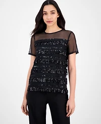 Anne Klein Women's Crewneck Sequin-Fringe-Trim Top