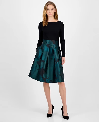 Anne Klein Women's Serenity Jacquard Mixed-Media Boat-Neck Dress