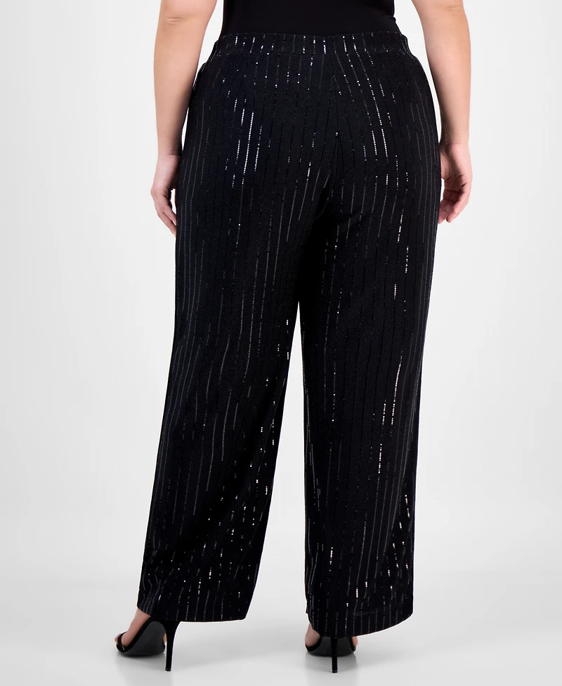 Anne Klein Plus Sequin Pinstripe High-Rise Wide-Leg Pants