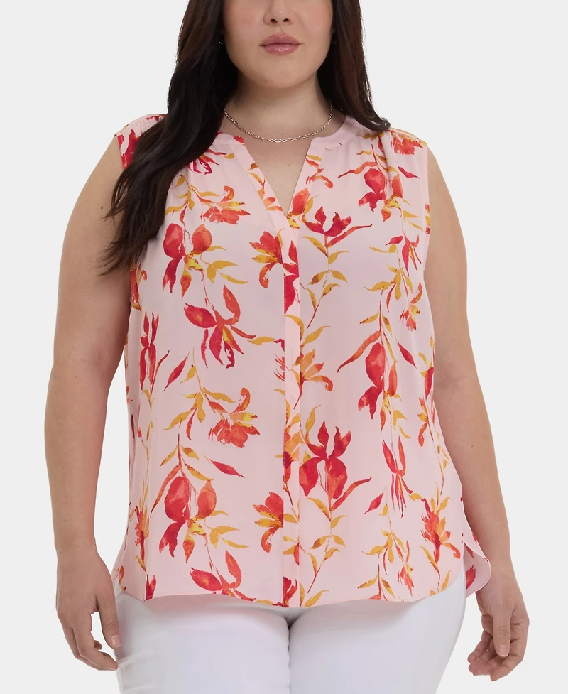 Nydj Plus Sleeveless Pintuck Split Neck Top