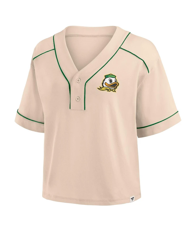 Fanatics Women's Tan Oregon Ducks Oversized Dominant Force Cropped V-Neck T-Shirt