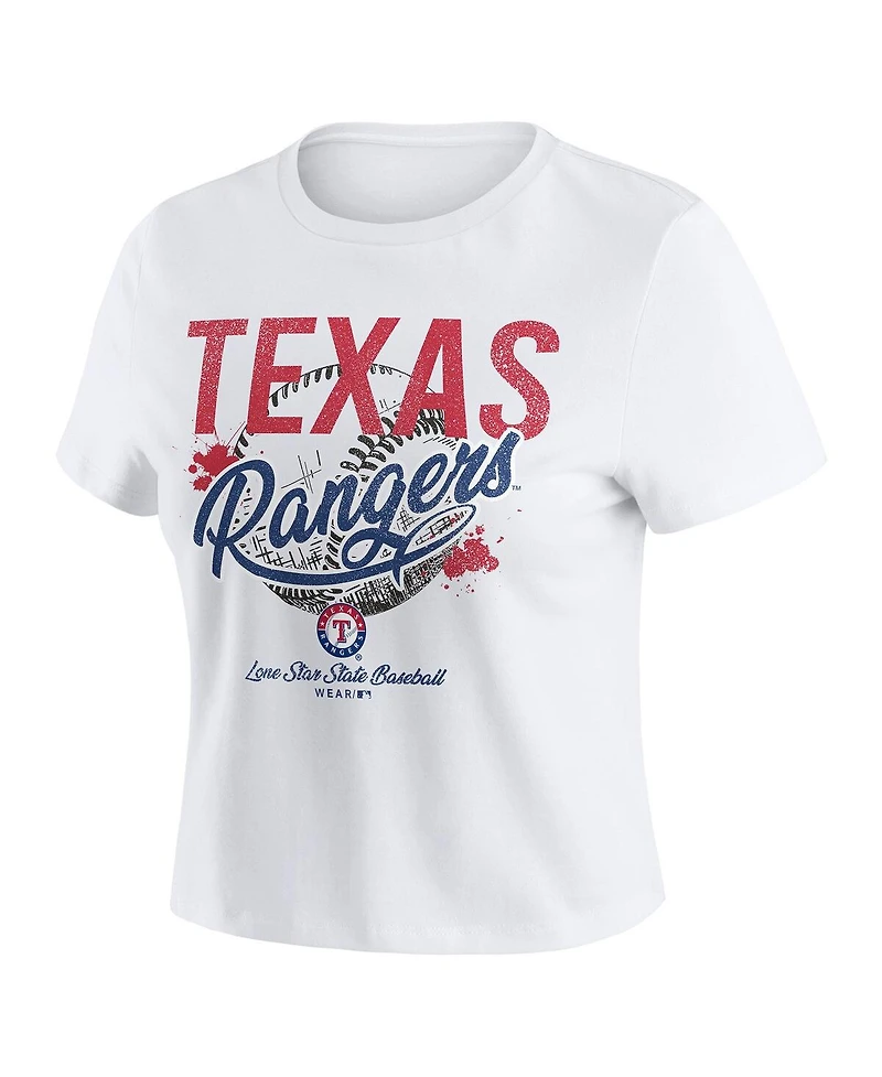 Wear by Erin Andrews Women's White Texas Rangers Distressed Cropped Baby T-Shirt