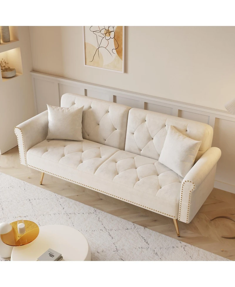 Streamdale Furniture Beige Velvet Sofa Bed with Nailhead Trim & Throw Pillow