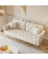 Streamdale Furniture Beige Velvet Sofa Bed with Nailhead Trim & Throw Pillow