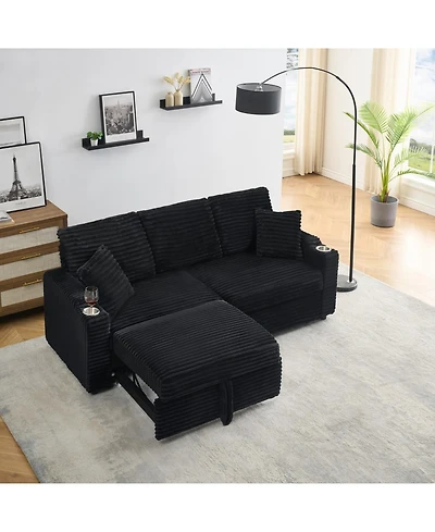 Streamdale Furniture 80" Folding Corduroy Sofa Bed w/ Cup Holder & Pillow - Black
