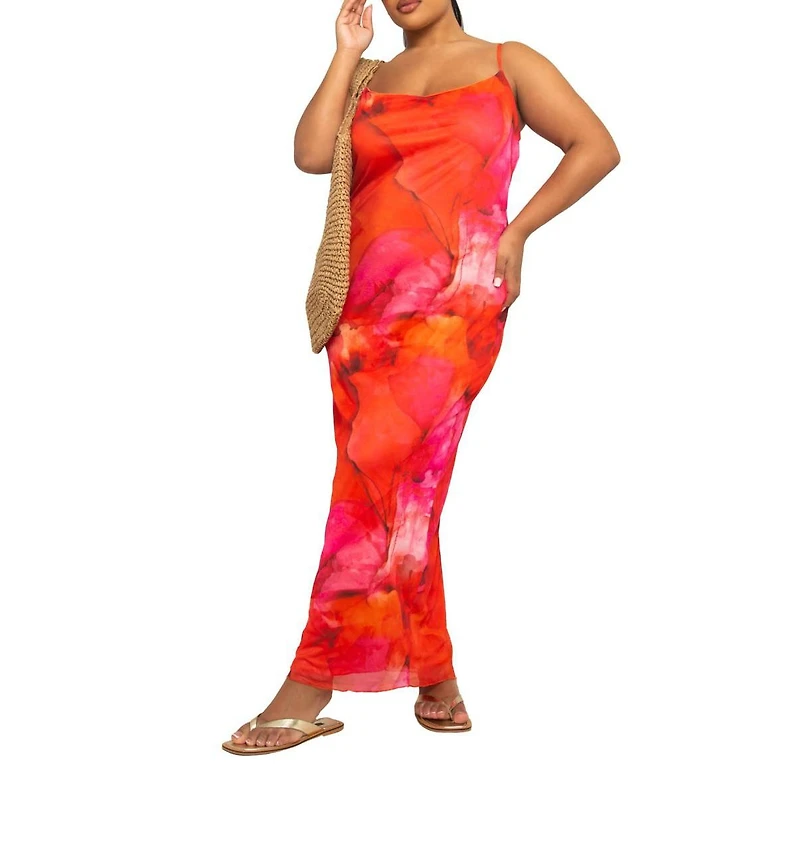 Fashion-szn Curve Women's Strappy Abstract Print Mesh Maxi Dress