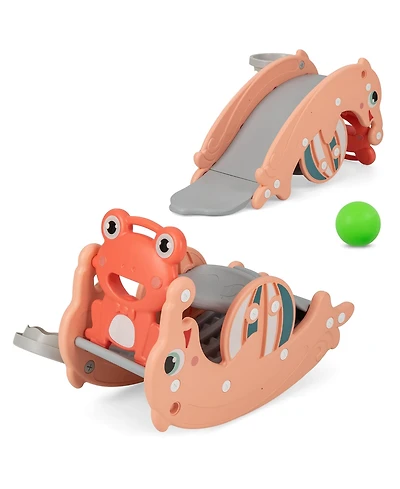 Gymax 3-in-1 Kids Slide Rocking Horse Set Convertible Toddler Slide w/ Basketball Hoop Green