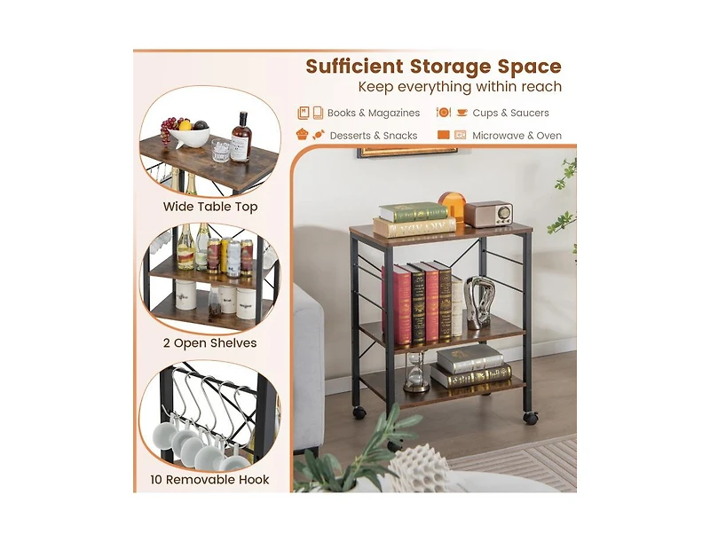3-Tier Kitchen Baker's Rack with Microwave Shelf, Storage Hooks, and Utility Cart