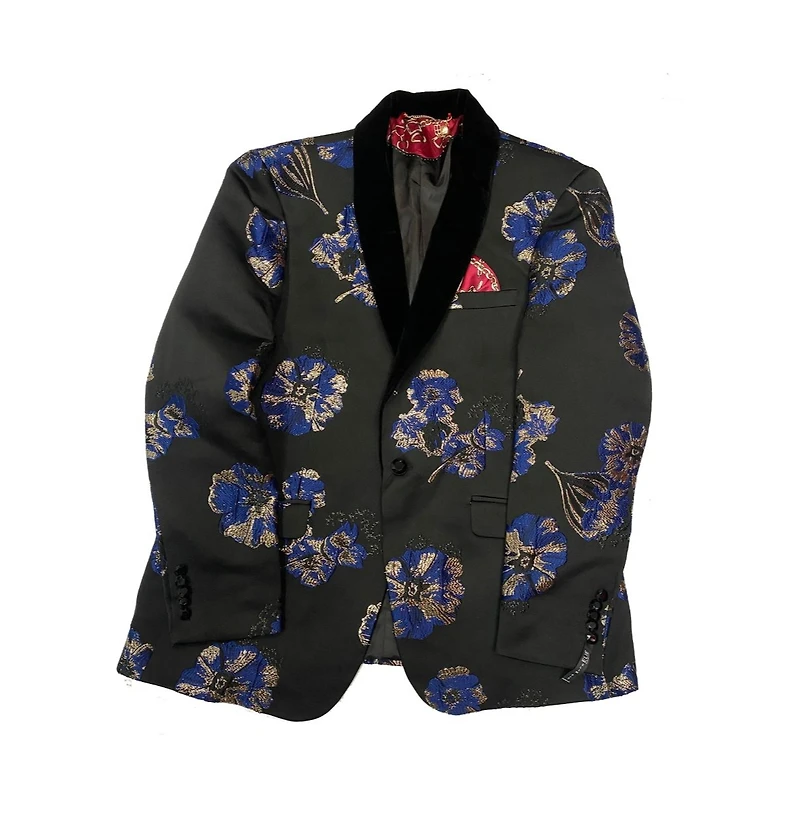 Elie Balleh Boys Black and Royal Blue Slim Fit Floral Dinner Jacket