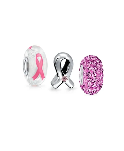 Bling Jewelry Set of 3 Pink Ribbon Breast Cancer Survivor Cz Glass Solid Crystal Spacer Charm Bead Sterling Silver