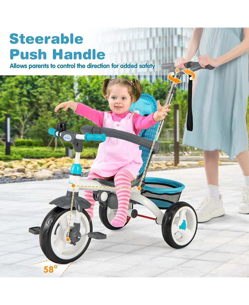 Slickblue Girls 4-in-1 Tricycle Stroller with Detachable Design and Round Sun Canopy