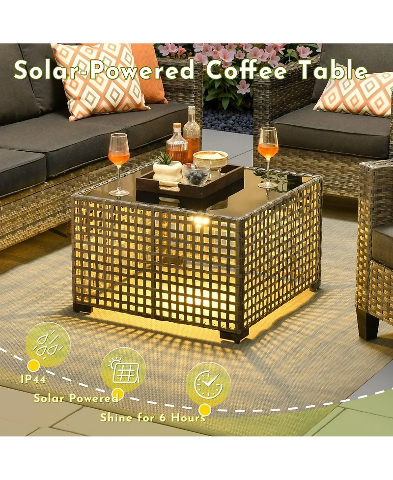 Xizzi 4 Pieces Outdoor Patio Furniture Set,Outside Conversation Set with All-Weather Wicker Sofa,Deep Seating Cushions and Solar Powered Coffee Table