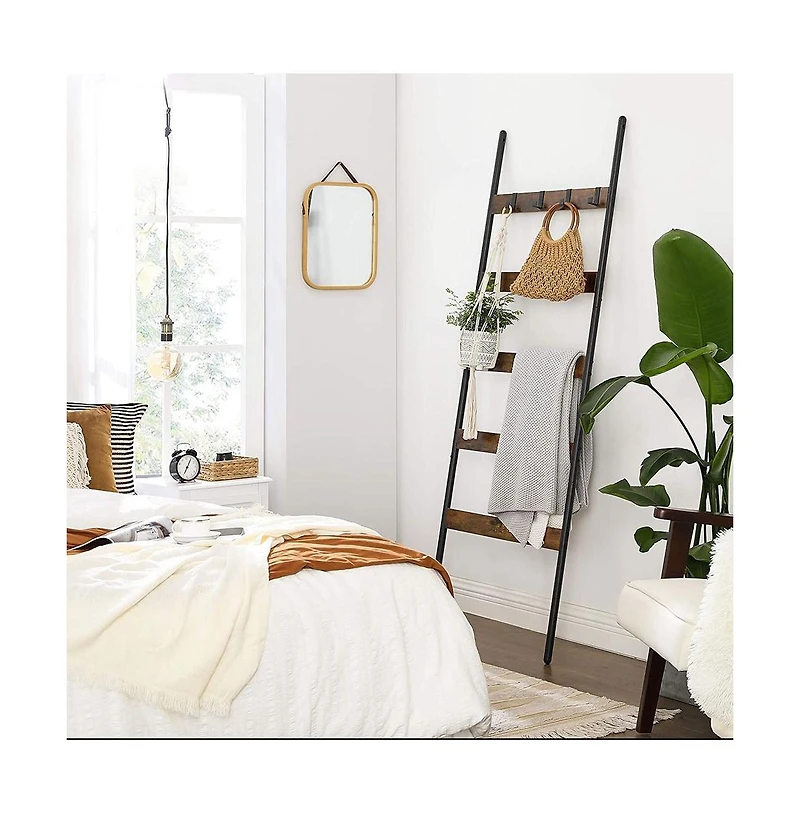 5-Tier Blanket Ladder Shelf with 4 Hooks and Steel Frame for Living Room or Bedroom