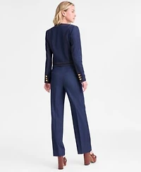 Tahari Asl Womens Denim Cropped Jacket Striped Sweater T Shirt Denim Trousers