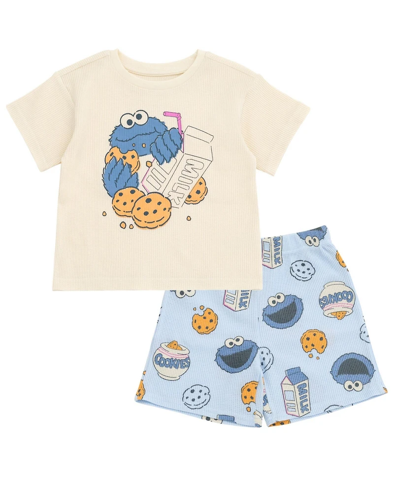 Sesame Street Baby Boys' Cookie Monster Waffle-Knit T-Shirt and Shorts, 2-Piece Set