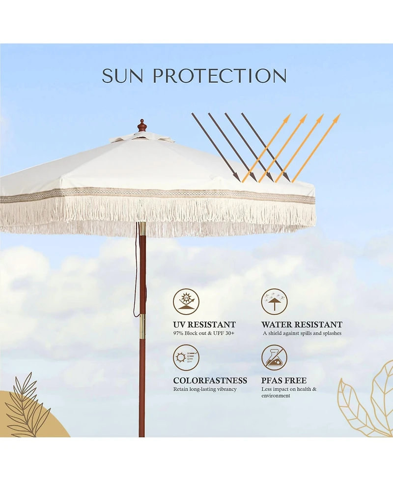 LAGarden 7' Patio Beige Umbrella with Tassels UPF50+ Boho Style 5-Year-Non-Fading for Outdoor,Model:BH7W-01P