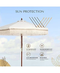 LAGarden 7' Patio Beige Umbrella with Tassels UPF50+ Boho Style 5-Year-Non-Fading for Outdoor,Model:BH7W-01P