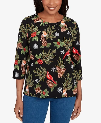 Alfred Dunner Petite Cardinals and Pinecones Top