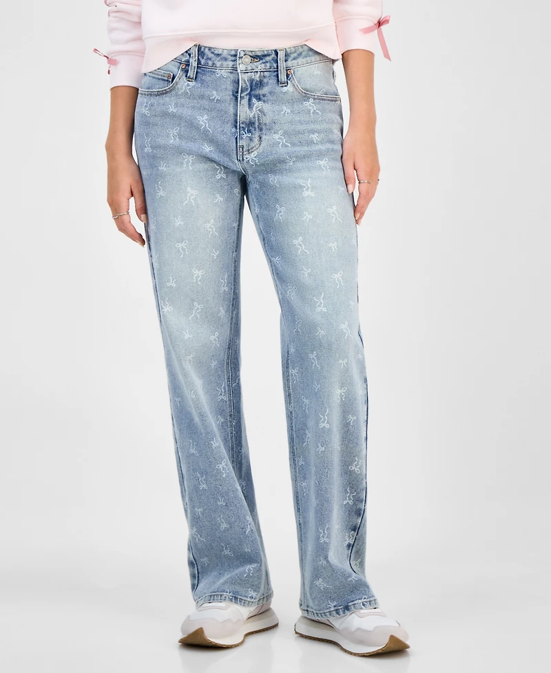 Tinseltown Juniors' Mid-Rise Bow-Print Baggy Jeans