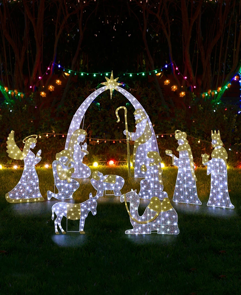 Glitzhome Lighted Fabric Christmas 2D Iridescent Nativity Scene Outdoor Decor, Set of 11