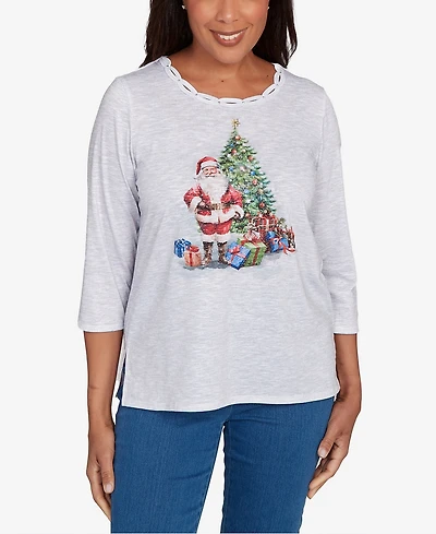 Alfred Dunner Petite Santa And Tree Print Top