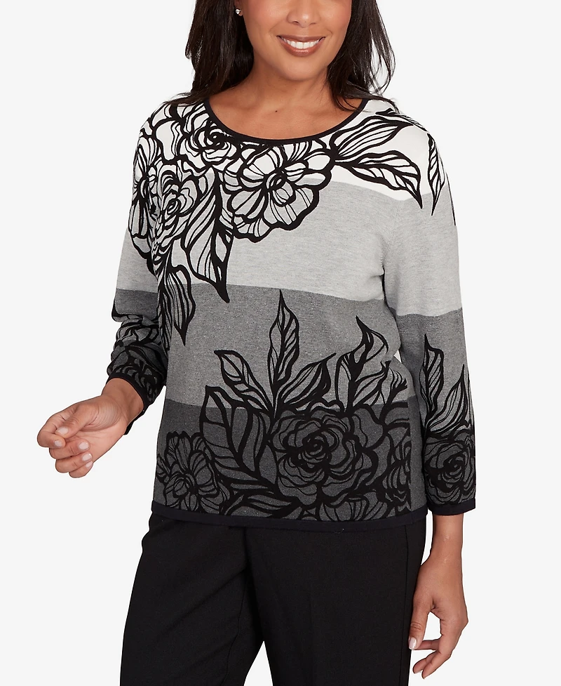 Alfred Dunner Petite Ombre Floral Stripe Sweater