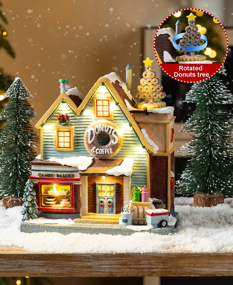 Glitzhome 10.25" Lighted Resin Christmas Donuts Coffee Shop Village