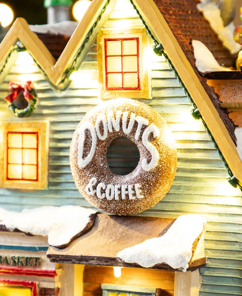 Glitzhome 10.25" Lighted Resin Christmas Donuts Coffee Shop Village