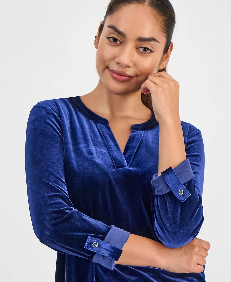 Ak Anne Klein Petite Velour Split-Neck Top