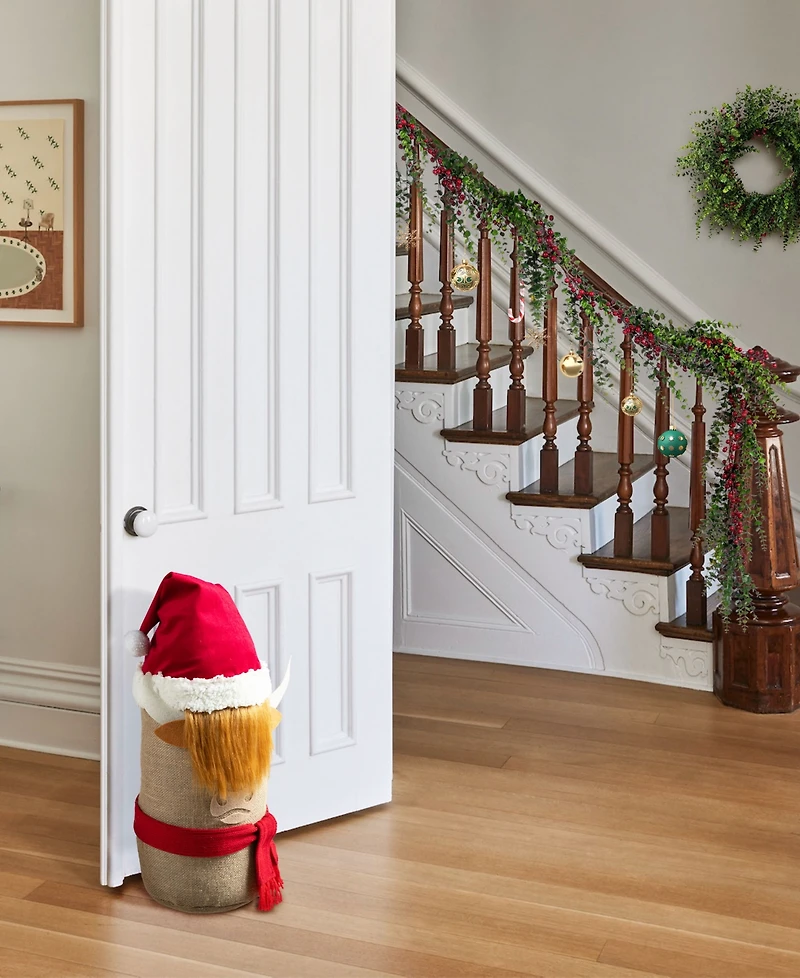 Glitzhome 20" Polyester Christmas Linen Highland Cow Doorstop Porch Decor