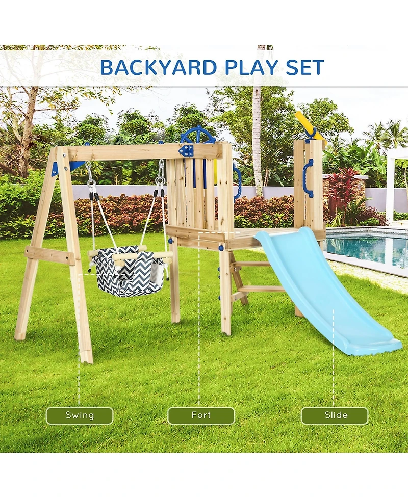 Outsunny 3 in 1 Wooden Outdoor Playset with Baby Swing Seat, Toddler Slide, Captain's Wheel, Telescope, Backyard Playground Set, Kids Playground Equip