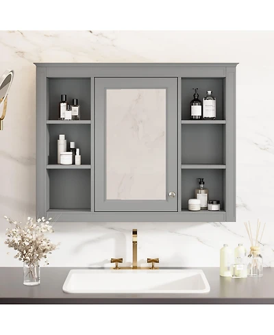 Casainc 35" x 27.5" Bathroom Mirror Cabinet with 6 Open Shelves, Wall Mounted Medicine (No Vanity)