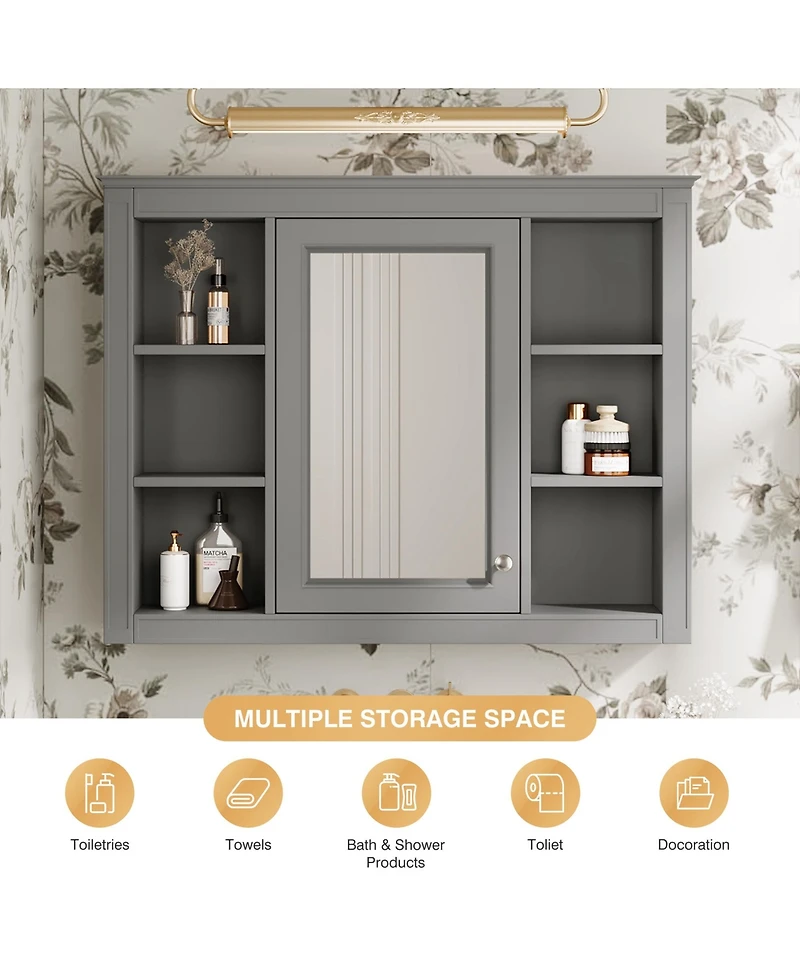 Casainc 35" x 27.5" Bathroom Mirror Cabinet with 6 Open Shelves, Wall Mounted Medicine (No Vanity)