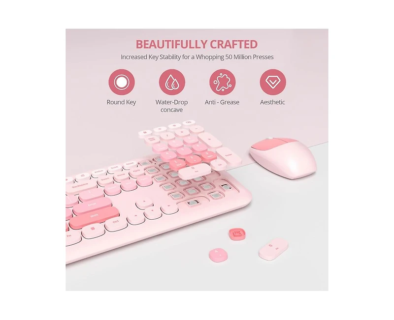 risokeys Cute Colorful Keyboard and Mouse Wireless Silent, Full-Size Retro Typewriter Wireless Quiet Slim Keyboard Low-Noise 2.4GHz for Computer