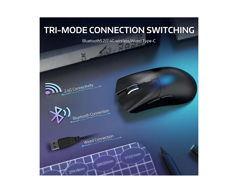 risokeys Wireless Gaming Mouse,Tri-Mode Connection (2.4G/Wired/BT5.2),55g Lightweight,18K Dpi Optical Sensor, 20 Million Key Life,Ergonomic Design,for