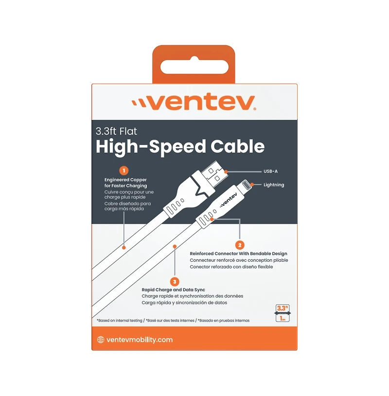 Ventev Flat Usb A to Apple Lightning High Speed Tangle-Free 3 Foot Cable