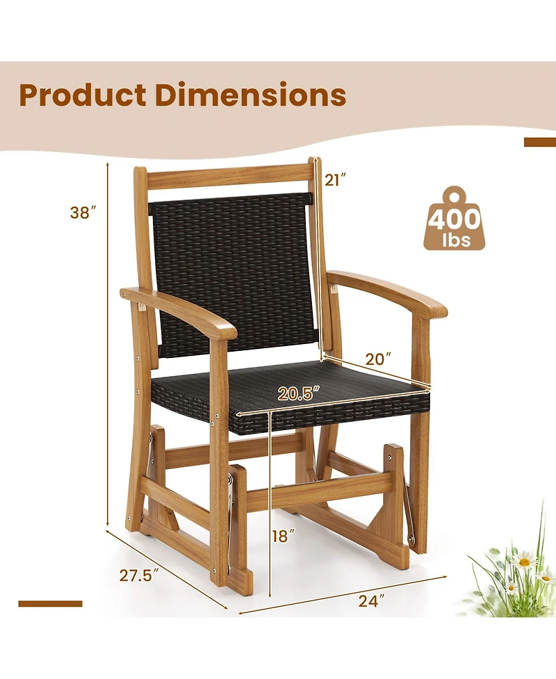 Gymax Patio Rattan Glider Chair with Acacia Wood Frame and Wicker Seat Back Armrests