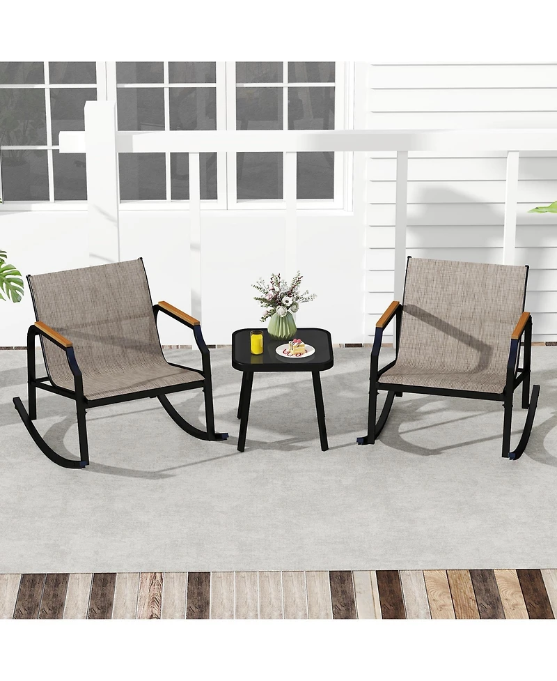Slickblue Outdoor 3-Piece Rocking Chair Bistro Set with Armrests and Glass-Top Coffee Table – Ideal for Porch or Garden