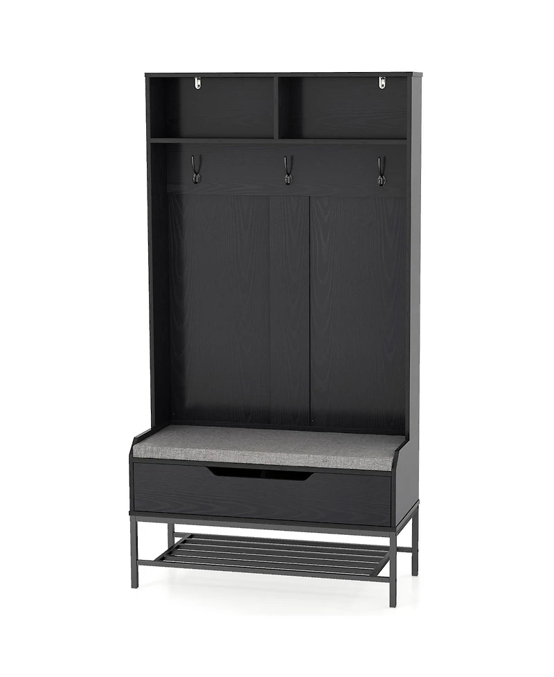 Slickblue Tall Coat Rack Hall Tree with Padded Seat and Shoe Storage – All-in-One Entryway Organizer