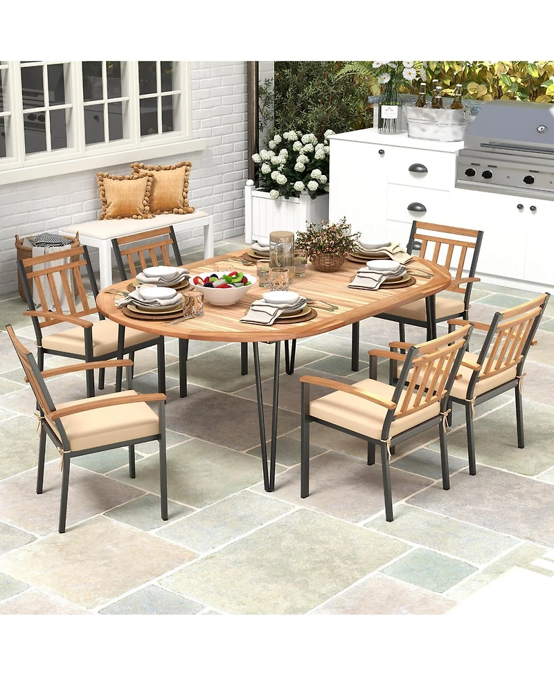 Gymax 79'' Patio Dining Table w/ Umbrella Hole Acacia Wood Tabletop & Sturdy Metal Legs