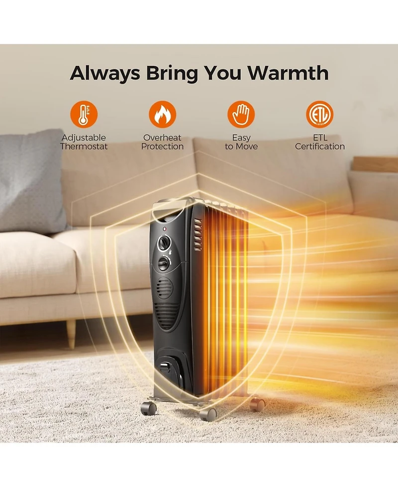 Cowsar Portable Electric Radiator Heater, Oil Filled with 3 Heat Settings, Adjustable Thermostat, Overheat & Tip-Over Protection For Indoor Use, 1500W