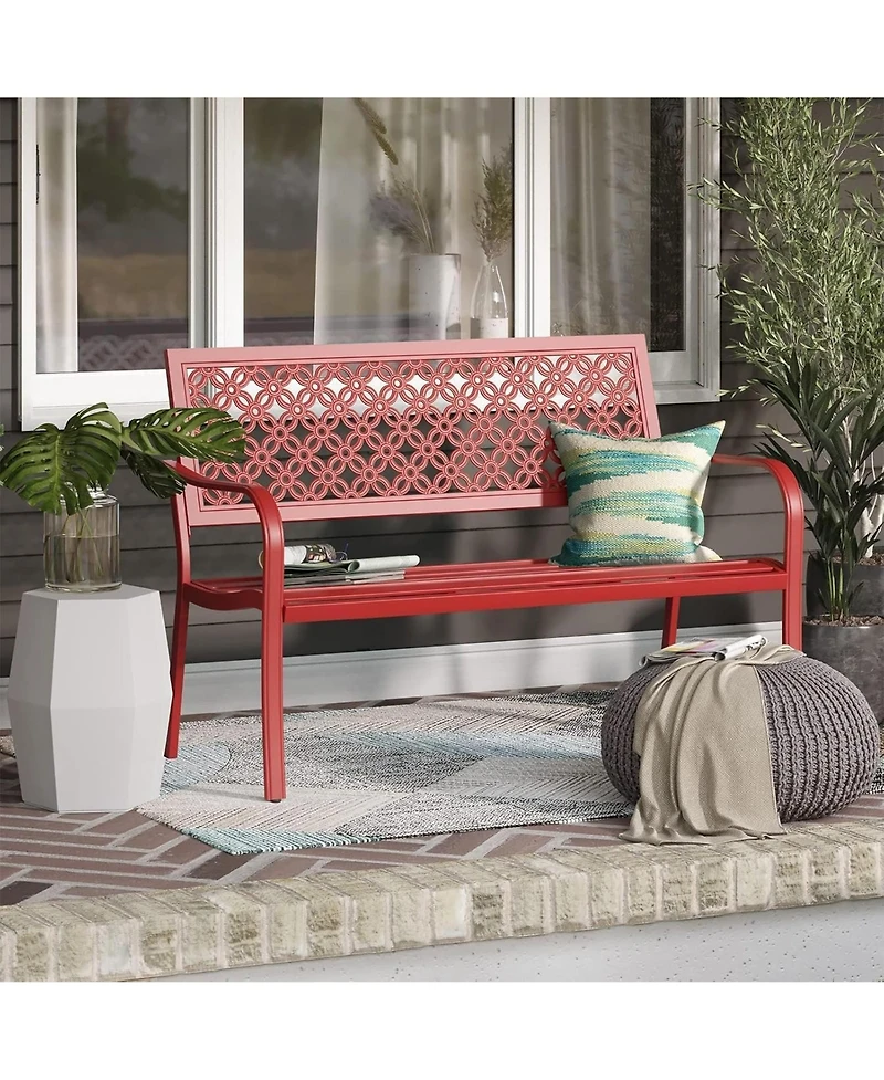 Mondawe All-Iron Park Chair With Floral Backrest,Multi-Layer Rustproof Coating & Adjustable Foot Pad