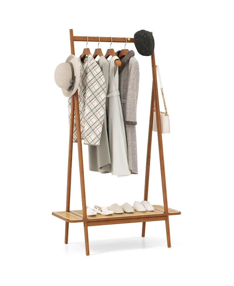 Slickblue Modern Clothes Rack for Entryway with Sturdy Hanging Rod, Decorative Rattan Shelf, and Elegant Copper Hooks
