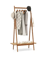 Slickblue Modern Clothes Rack for Entryway with Sturdy Hanging Rod, Decorative Rattan Shelf, and Elegant Copper Hooks
