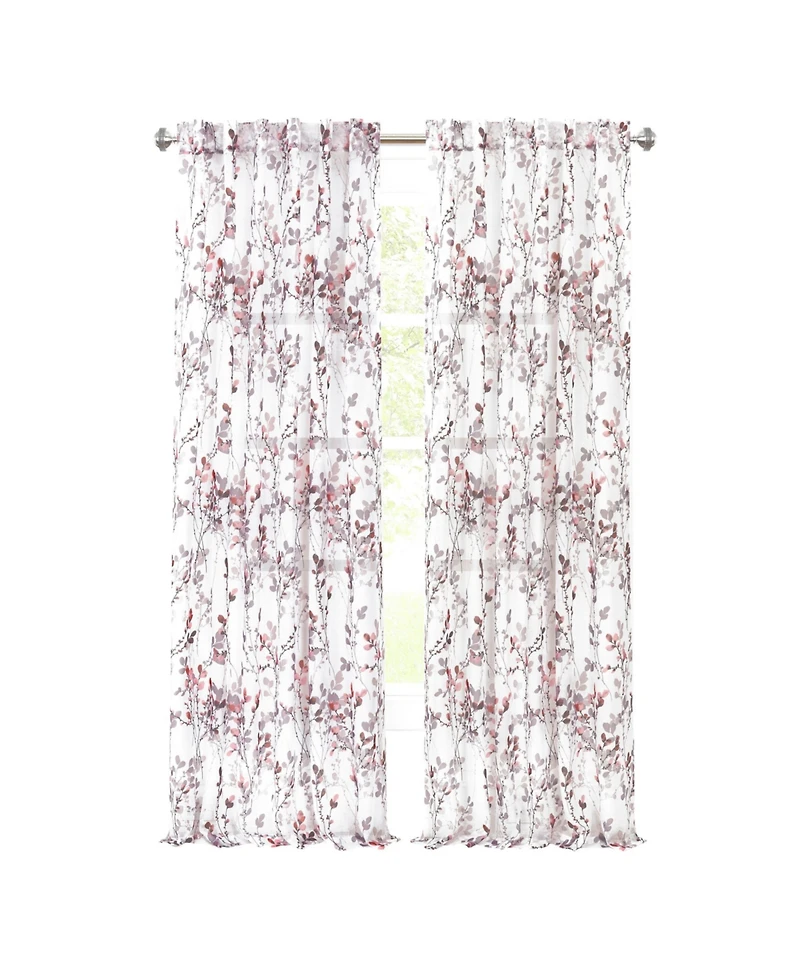 Kate Aurora 2 Piece Shabby Chic Cherry Blossom Designed Airy Sheer Rod Pocket & Back Tab Curtain Panels - 63 in. Long Hazelnut